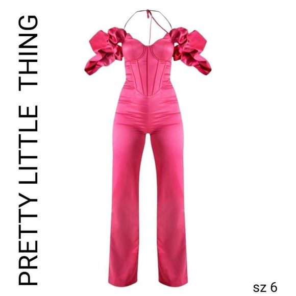 PrettyLittleThing Pants - Pretty Little Thing Barbie Pink Ruffle Sleeve Cup Detail Halter Strap Jumpsuit